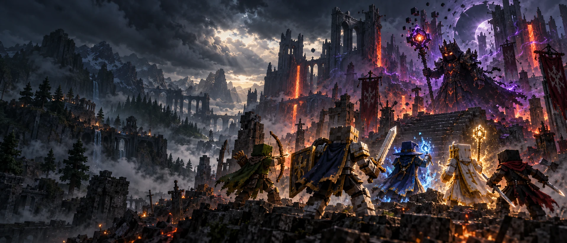 The Five Heroes of Elyria facing Vaelor before a ruined fortress